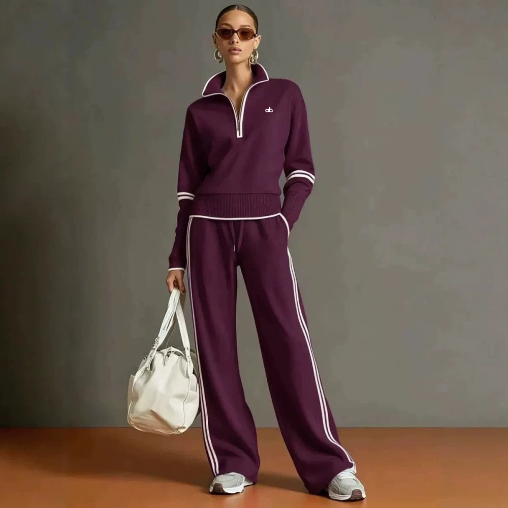 Casual Stand Collar Sweatshirt Wide PantsLeg  Set