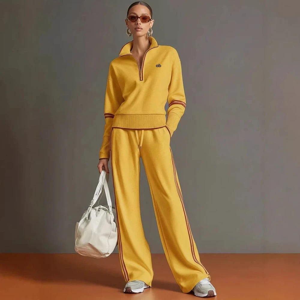 Casual Stand Collar Sweatshirt Wide PantsLeg  Set
