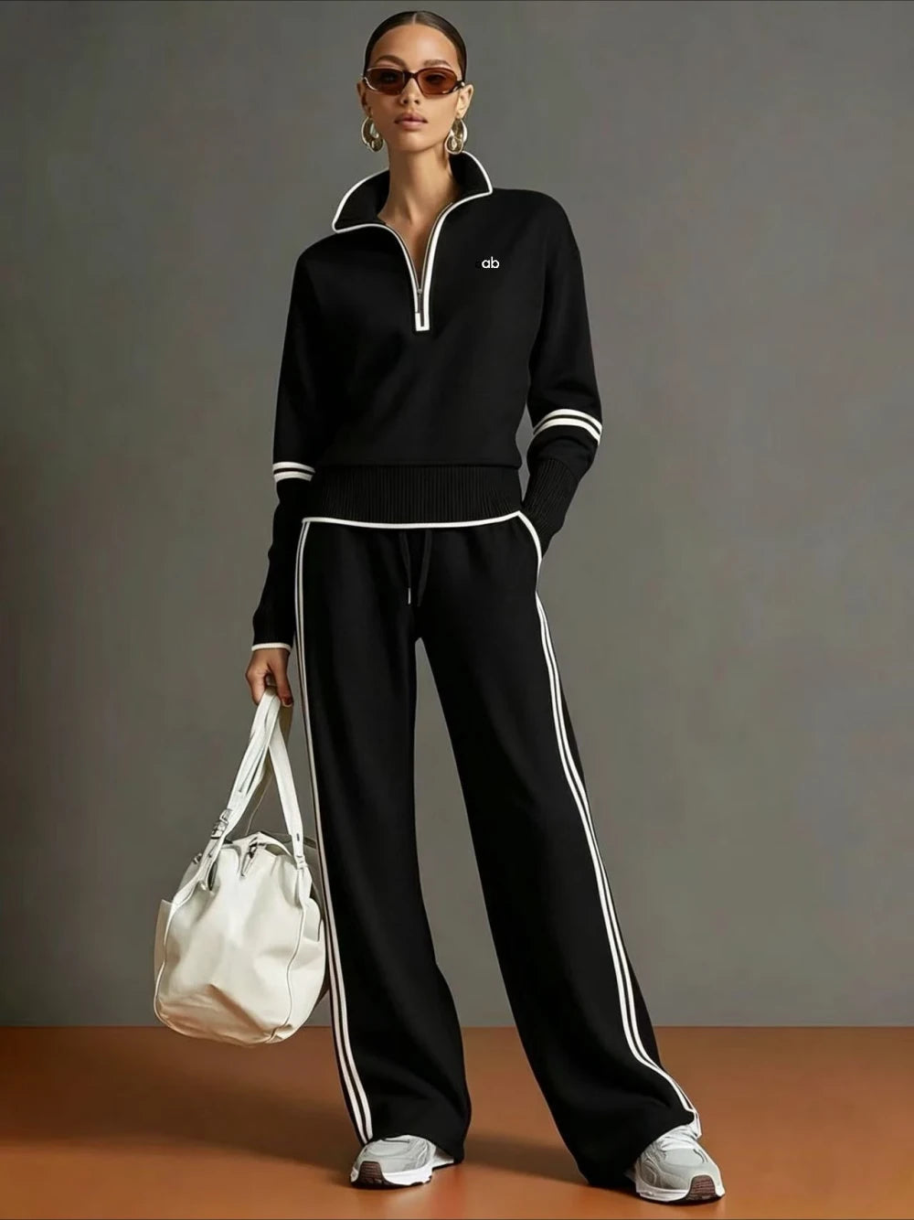 Casual Stand Collar Sweatshirt Wide PantsLeg  Set