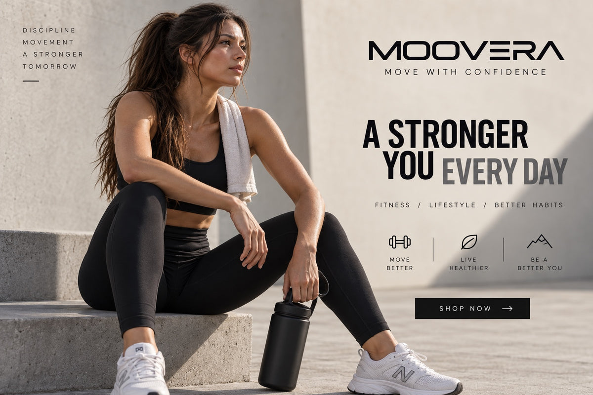 Moovera — Move With Confidence. A stronger you every day. Woman in black activewear resting after training.